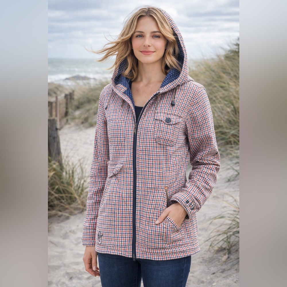 Roxy Navy & Orange Plaid Hooded Jacket Zip Front Women’s Size Medium